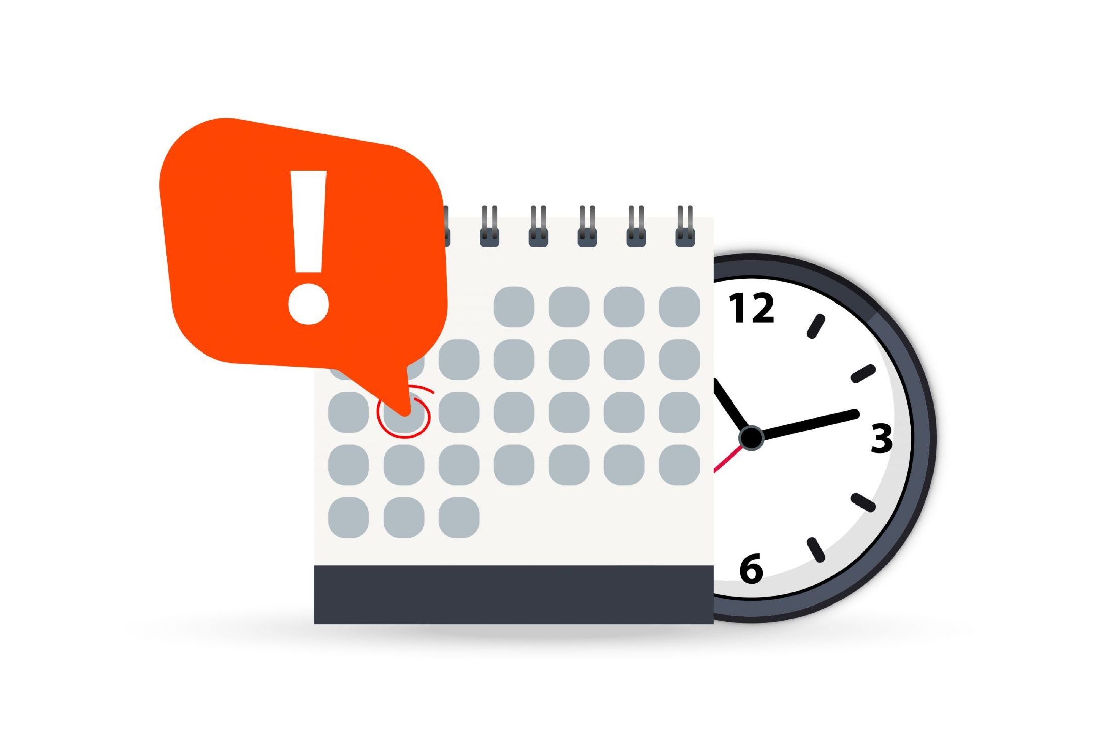 Calendar and clock icon. Calendar date deadline notification. Appointment, schedule, important date. Time and date. Deadline on a calendar, event notification. Event reminder scheduled on agenda