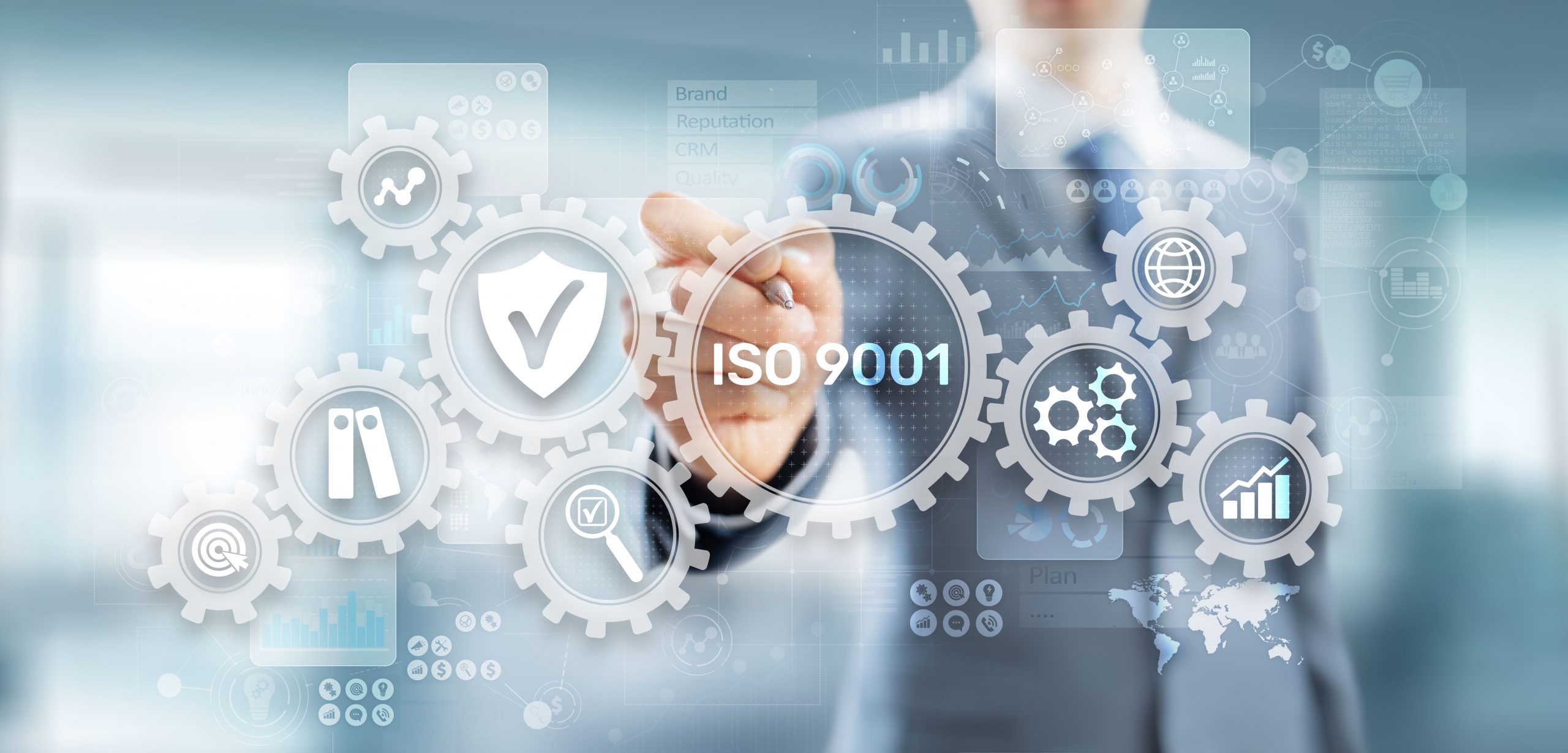 ISO 9001 Standards quality control business technology concept on virtual screen