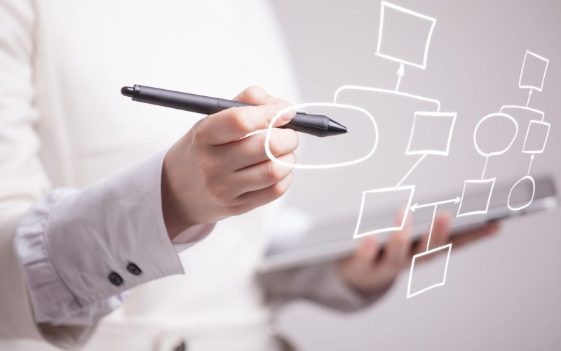 Businesswoman drawing flowchart, business process concept on grey background.