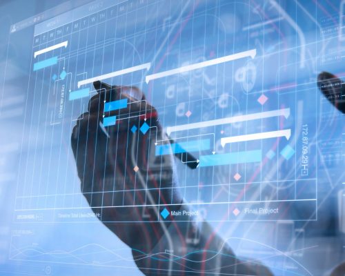 Project manager working and update tasks with milestones progress planning and Gantt chart scheduling virtual diagram.Businessman hand pressing an imaginary button on virtual screen