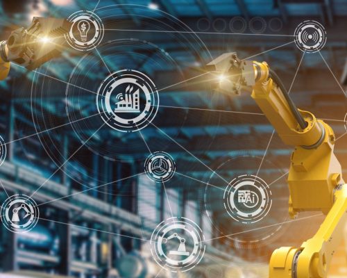 heavy automation robot arm machine in smart factory industrial,Industry 4.0 concept image.